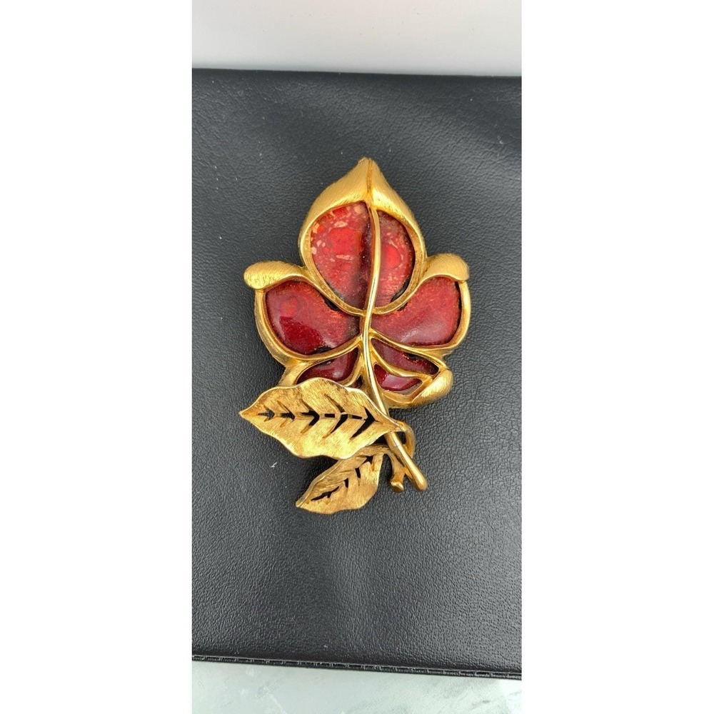 Vintage 1960s Sauteur Renoir Brushed Gold Tone & Red "Golden‎ Glow" Leaf Brooch